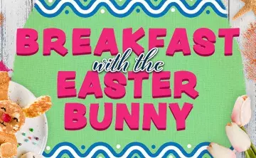 Colorful graphics with bunny pancake and tulips