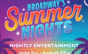 Colorful banner with Broadways' Summer Nights and palm trees