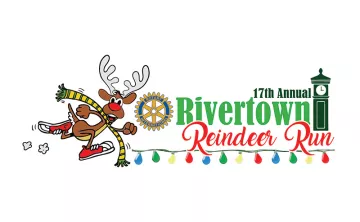 Rivertown Reindeer Run cartoon logo with fun reindeer