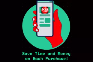 RiaTicket Save Time and Money graphic with hand holding mobile phone