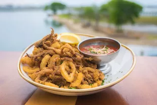 Drunken Jack's fried calimari overlooking inlet