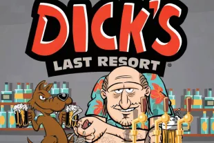 Dick's Last Resort cartoon with dog and bar