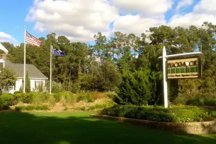 Blackmoor entrance with sign, trees and flags