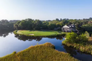 Caledonia aerial with marsh, green and clubhouse