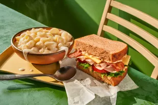 Panera Bread sandwich and mac n cheese