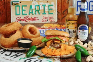 River City burger, onion rings and domestic beer