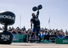 World's Strongest Man competitor lifting 342 lb. barbell