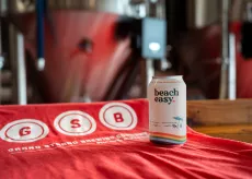 Beach Easy Beer can on Grand Strand Brewing tablecloth