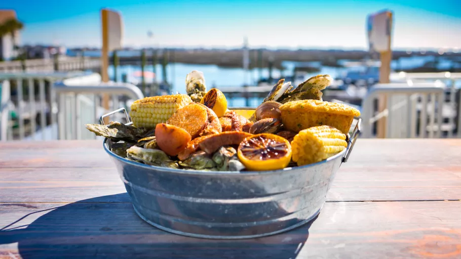 Seafood bucket on the marsh at Mojo's