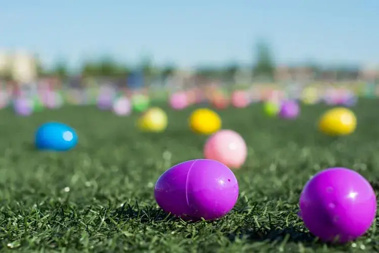 Easter Eggs laying on a field for an easter egg hunt
