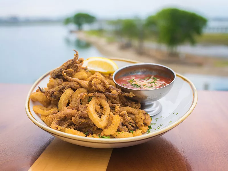 Drunken Jack's fried calimari overlooking inlet
