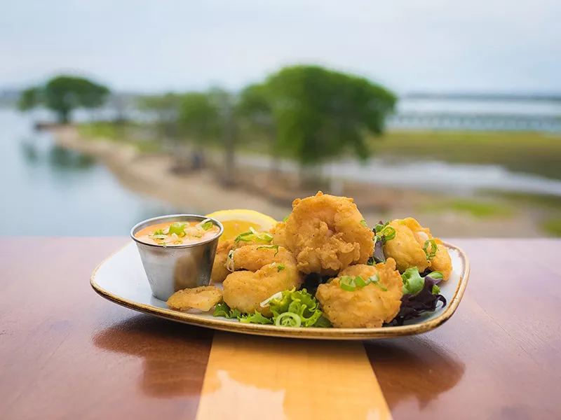 Drunken Jack's fried shrimp overlooking inlet