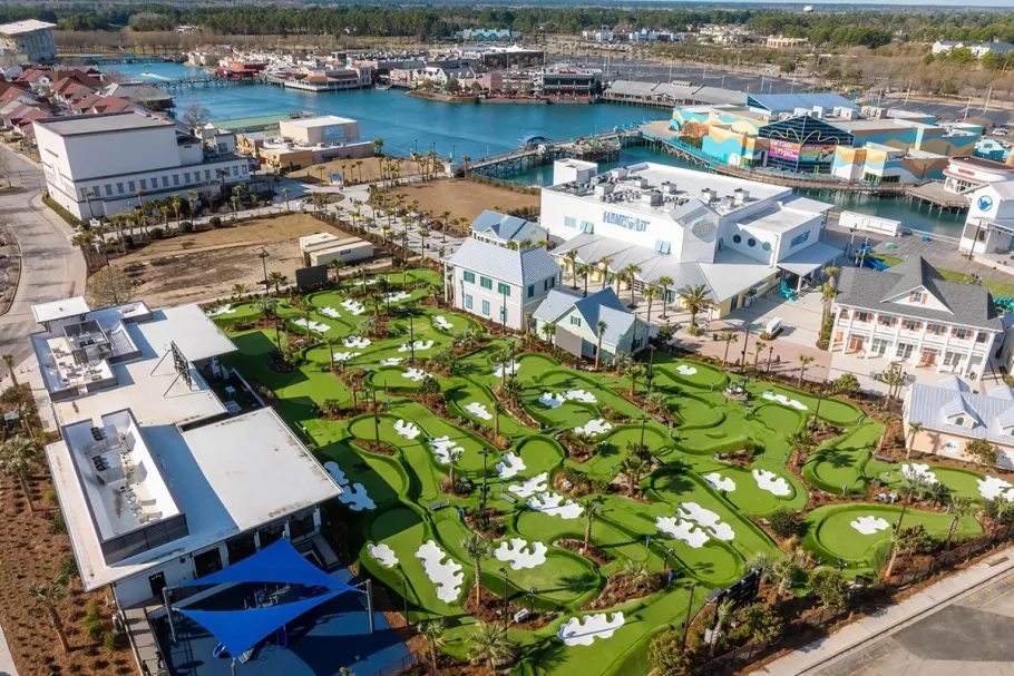 PopStroke Myrtle Beach aerial of building and putting greens