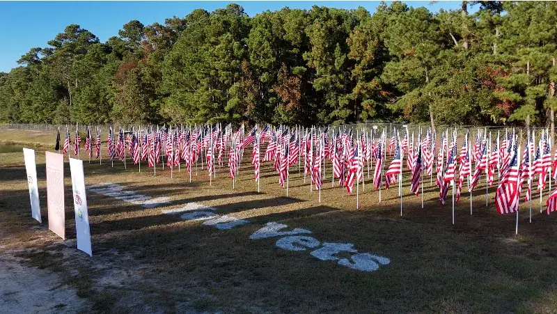 250 American Flags installed in the ground.