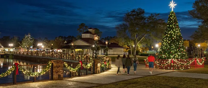 Outdoor shopping area, Barefoot Landing, decorated for Christmas.